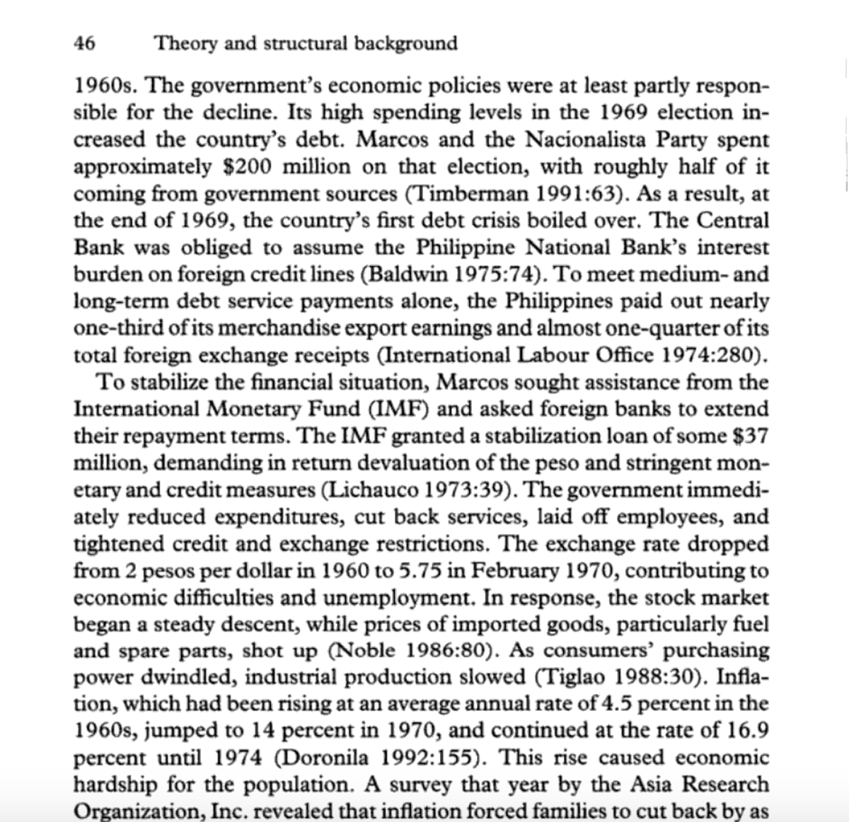 There's more stuff coming up, but in addition to Mijares I used these sources. Misagh Parsa's "States, Ideologies, and Social Revolutions" on Marcos' reelection spending