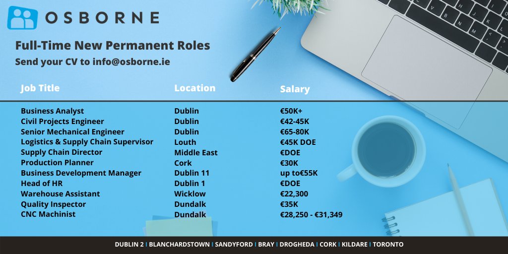 OsborneRecruits's tweet photo. Have you lost your job due to Covid-19? 
Wondering what’s out there? At Osborne we are actively recruiting for a number of new &amp; permanent full time jobs nationwide across multiple sectors.

Browse the roles on our website https://t.co/NR7CdHYufR or✉️your C.V to info@osborne.ie https://t.co/axyyqm6DZh