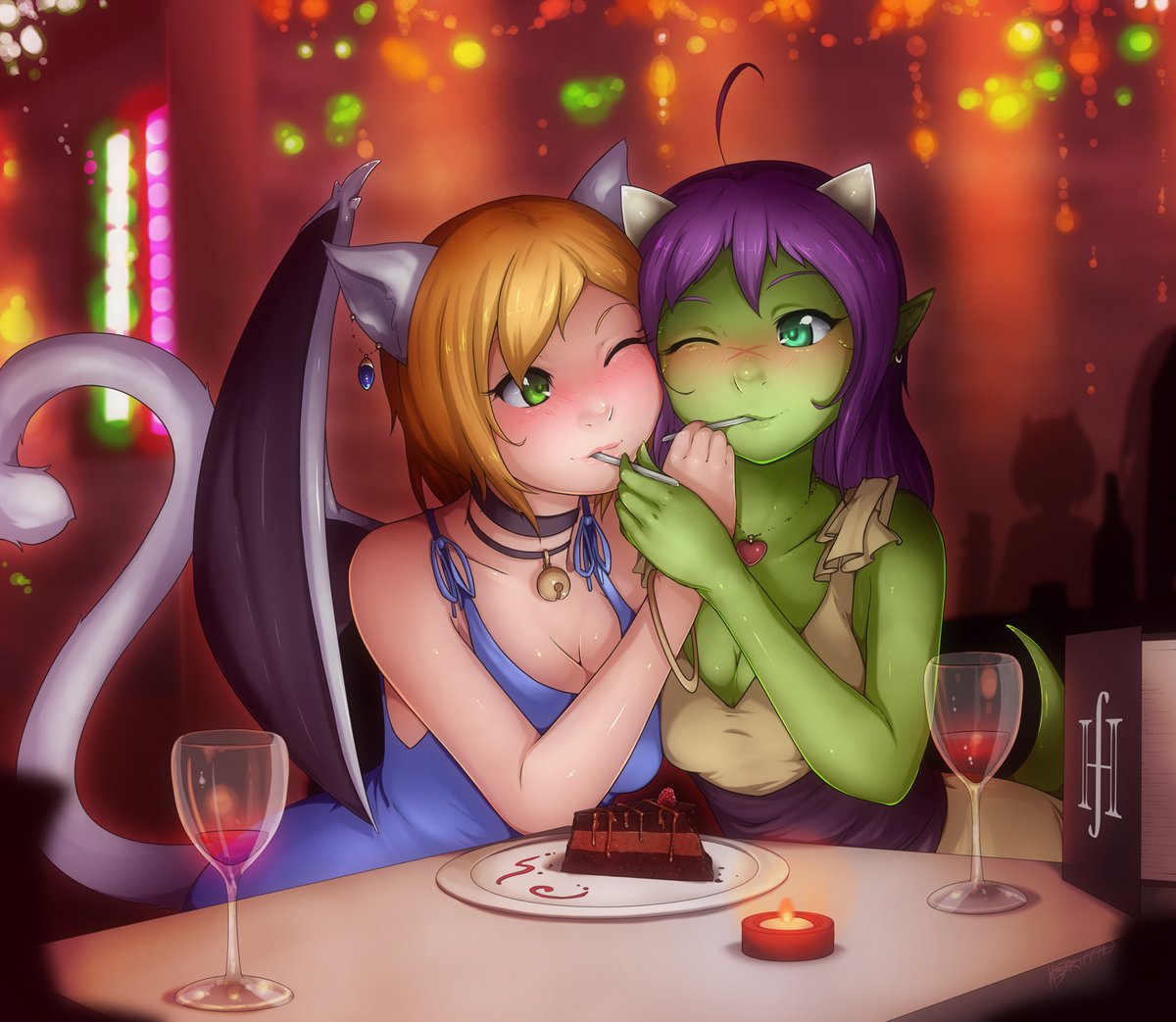 NekoSapphic's tweet photo. @imdrunkontea While I'm no artist, I do like comissioning art of OCs being happy. Here's an old one of my OC and @Anime_Flux Nalica enjoying some cake on their date. #happyocs https://t.co/rYNCjH136A