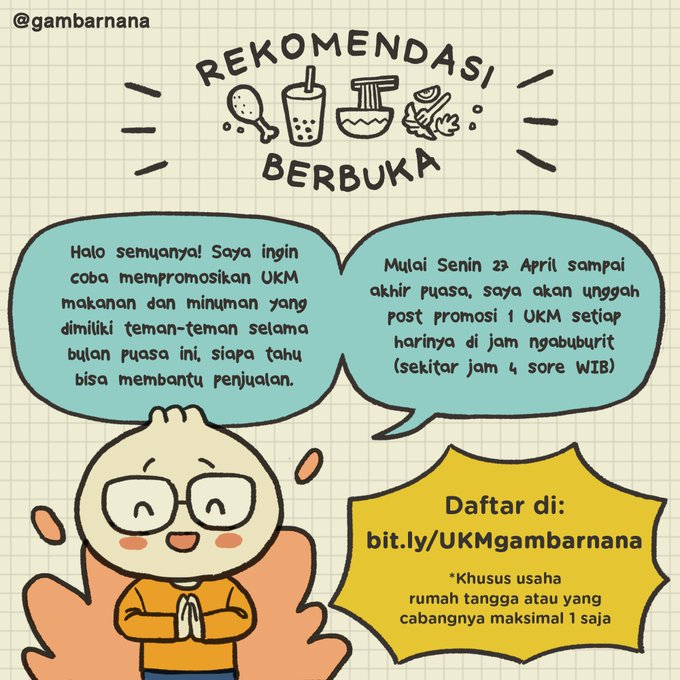 Ini gratis tanpa biaya sama sekali ya! Semoga bisa membantu walau sedikit :")

Silakan mention teman-teman kalian yang punya usaha makanan minuman. Bismillah bisa lancar ngepostnya selama 30 hari ke depan, bakal dipost di Instagram dan Twitter. 