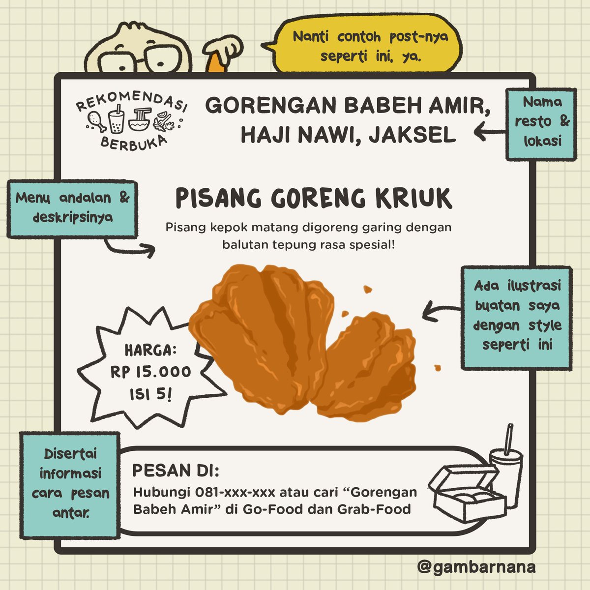 Ini gratis tanpa biaya sama sekali ya! Semoga bisa membantu walau sedikit :")
Silakan mention teman-teman kalian yang punya usaha makanan minuman. Bismillah bisa lancar ngepostnya selama 30 hari ke depan, bakal dipost di Instagram dan Twitter.