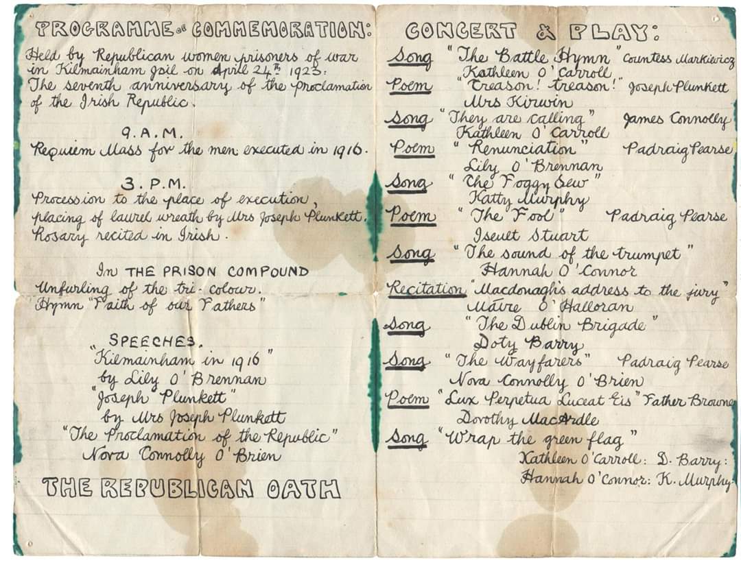 KilmainhamOPW's tweet photo. Republican women marked the 7th anniversary of the Rising while prisoners in Kilmainham Gaol on 24 April 1923. This programme was decorated by Grace Plunkett who had married her husband Joseph in the Gaol before his execution in 1916 #IrishMuseumsOnline #creativityinconfinement https://t.co/z1VfdLDXOe