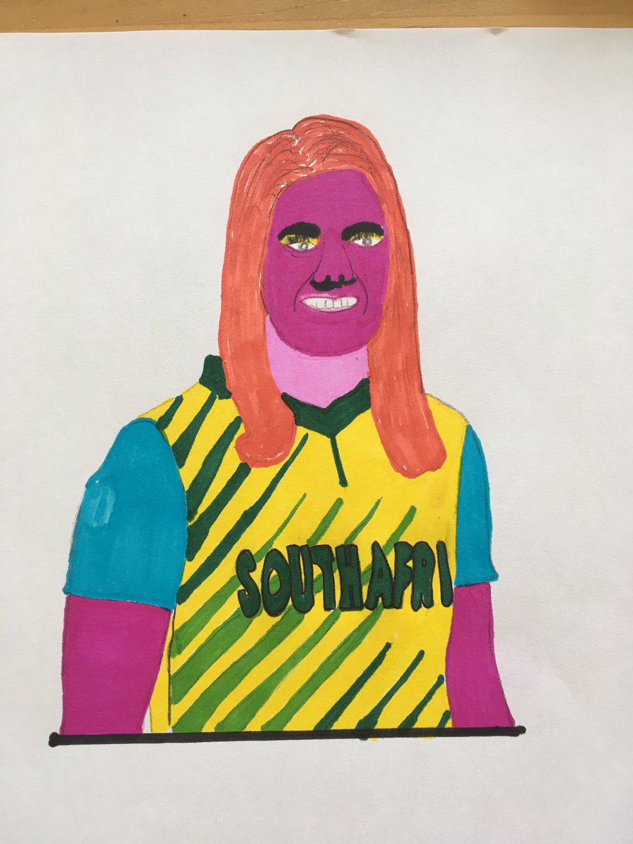 My daughter’s <a href="/PlymouthCollege/">Plymouth College</a> Art home learning work- to produce an Andy Warhol Pop Art version of someone who inspires her. Being cricket mad, she chose <a href="/OfficialCSA/">Proteas Men</a> <a href="/kappie777/">Marizanne Kapp</a>.