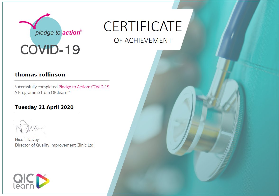 TomJRollinson's tweet photo. Just completed my @QIClearn #pledgetoaction #COVID19 . Lots of changes to practice which have had a positive impact-This is a free (Until May) short course to help get that learning process started https://t.co/64oF5NUxNj @EMASNHSTrust @UHDBTrust @PtSafetyWM @EM_AHSN @NikkiDQIC https://t.co/TFnzuyNNsi