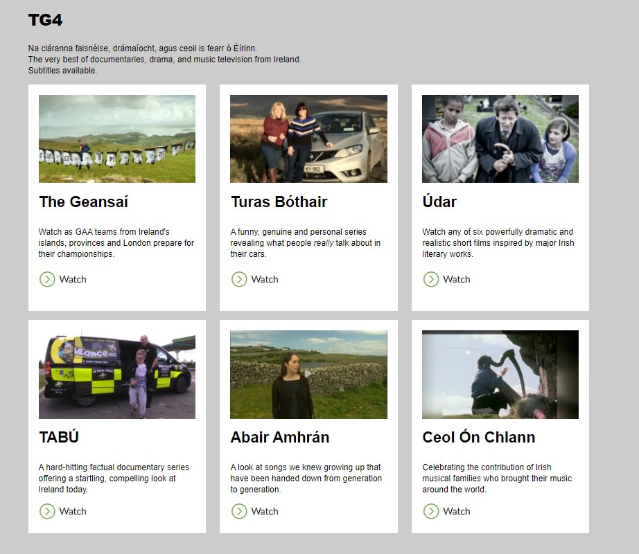 Tá na cláranna faisnéise, drámaíocht, agus ceoil is fearr ó Éírinn ar  @TG4TV. There's a wealth to choose from, between dramas, sports programmes, documentaries and music. Truly one of Ireland's national treasures. You'll see familiar faces and perhaps pick up a cúpla focail.