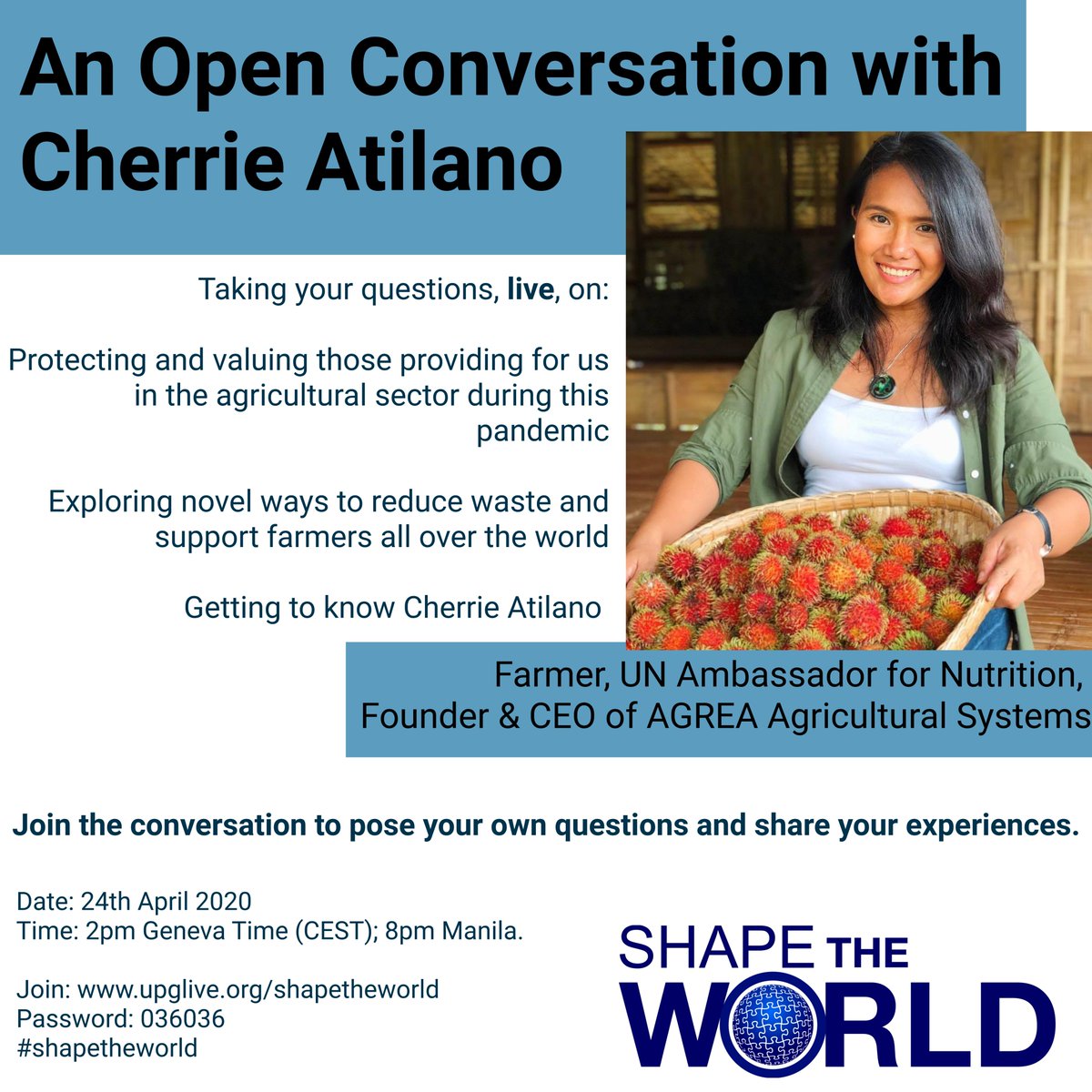yemibabington's tweet photo. Are you interested in #farmers, #agriculture, or even #nutrition. Our guest is a farmer and she is active during the pandemic supporting both lives and livelihoods. She takes your questions. Please join us TODAY at 2pm CEST: https://t.co/bQpyzaAAMk. Pass: 036036. https://t.co/FruJjphLyy