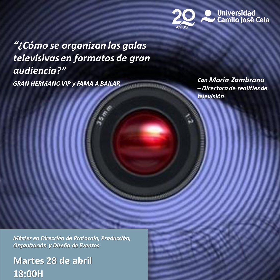 orientacionucjc's tweet photo. #Masterclass 👁 El próximo #martes 28 de abril, María Zambrano⚡️🔝, directora de #realities de #television , viene a hablarnos de cómo se organizan las #galas #televisivas de gran #audiencia 👏🏼🔝🤩 ¡No te lo pierdas! #solopasaenlaUCJC 👏🏼 #ghvip #famaabailar #ucjc @UCJCProtocolo https://t.co/W0CgFTrZ9v