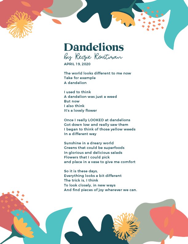 Inspiration from literacy guru, Regie Routman, on writing poetry with kids. Here is a poem she just wrote. With appreciation of the simple things, and how perspectives can change if we allow ourselves the chance to slow down and “lean in” to the moment. thedailycafe.com