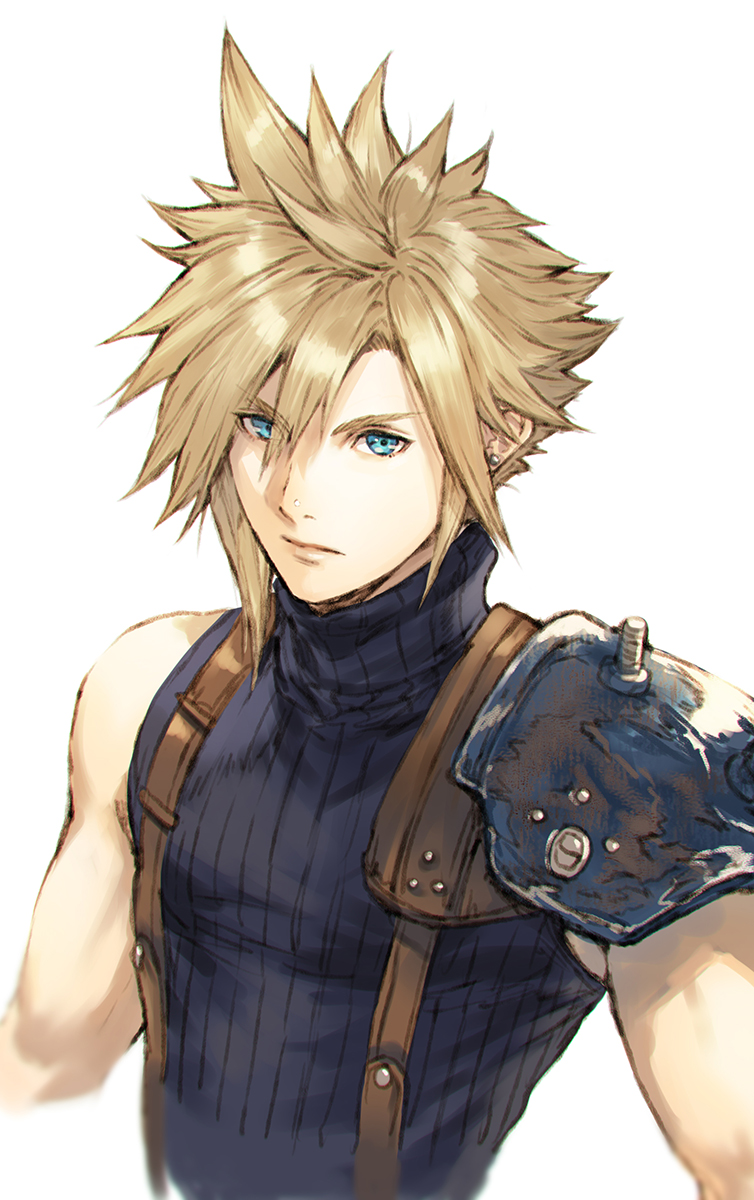 cloud strife 1boy male focus solo blonde hair shoulder armor upper body spiked hair  illustration images