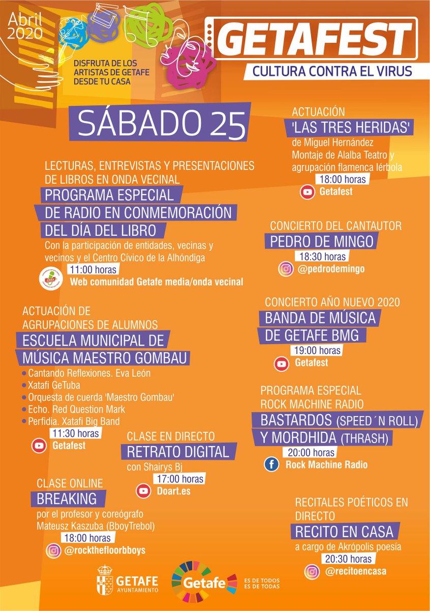 aytogetafe's tweet photo. Un fin de semana más, gracias a los artistas de #Getafe, podrás disfrutar del #GetaFest desde tu casa. No te pierdas la programación que tenemos preparada para tí.
#QuédateEnCasa #LoVamosAConseguir https://t.co/N2KcQX6vc3