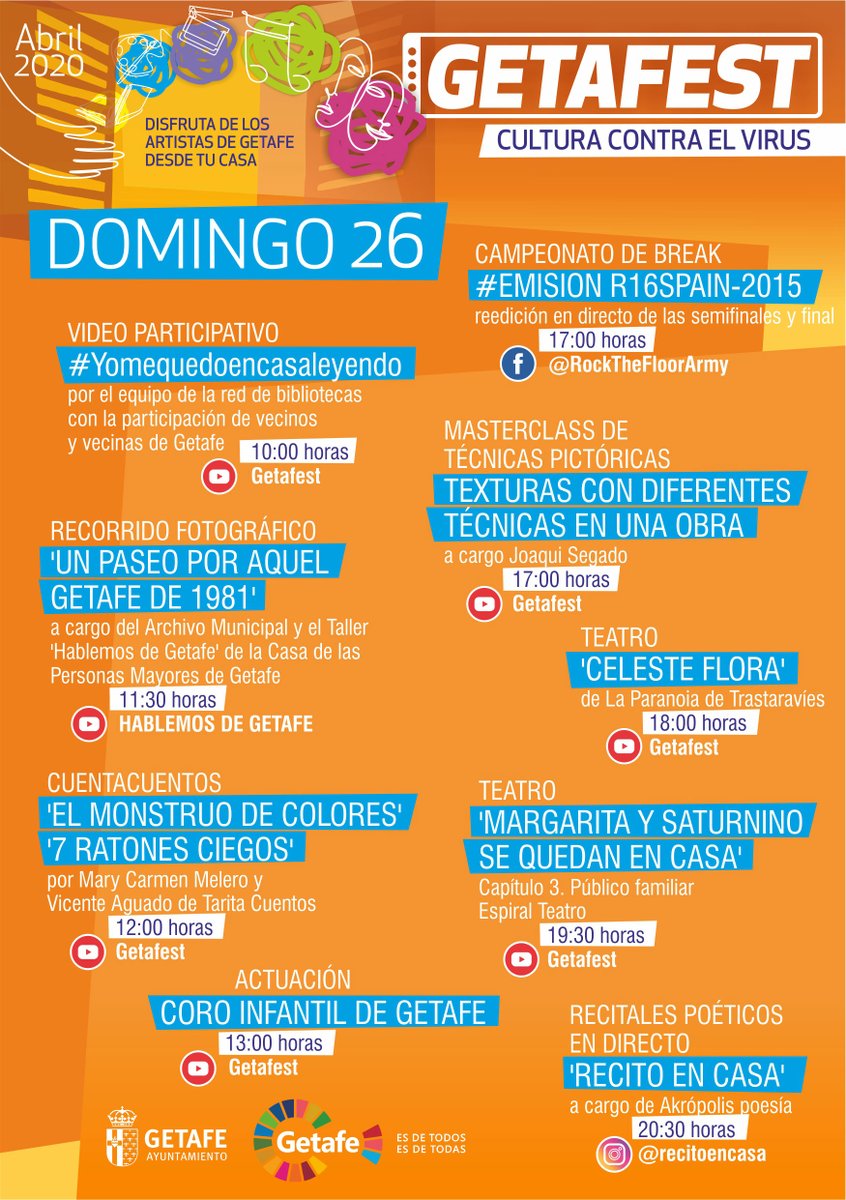 aytogetafe's tweet photo. Un fin de semana más, gracias a los artistas de #Getafe, podrás disfrutar del #GetaFest desde tu casa. No te pierdas la programación que tenemos preparada para tí.
#QuédateEnCasa #LoVamosAConseguir https://t.co/N2KcQX6vc3