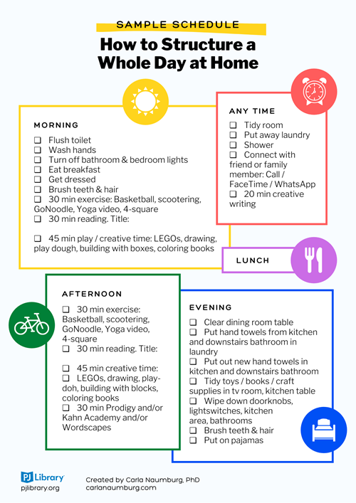 PJLibrary's tweet photo. Keep your family organized and on task with a daily breakout schedule like this one. https://t.co/Ppt5O73Sbu https://t.co/ZVcq4JfiuI
