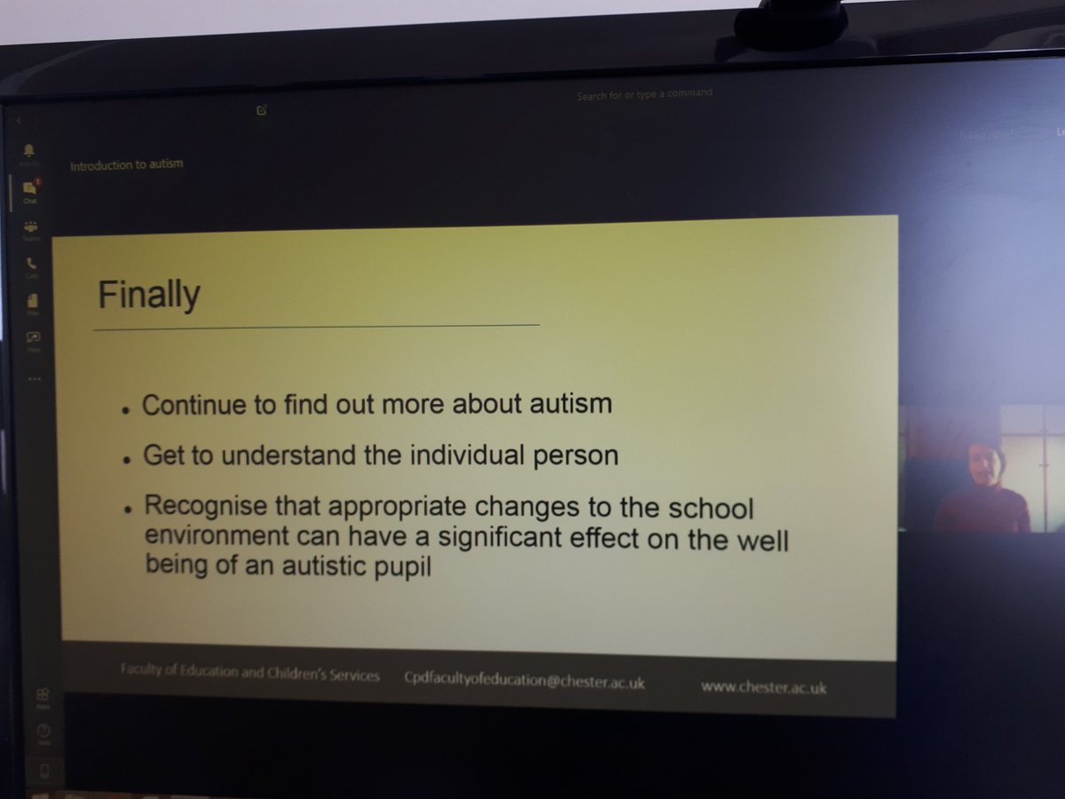 Great three 'take aways' from Anne Jenkins this morning CPD session on an introduction to autism. Fantastic session <a href="/UoCEducation/">Uni of Chester - School of Education</a> #CPD