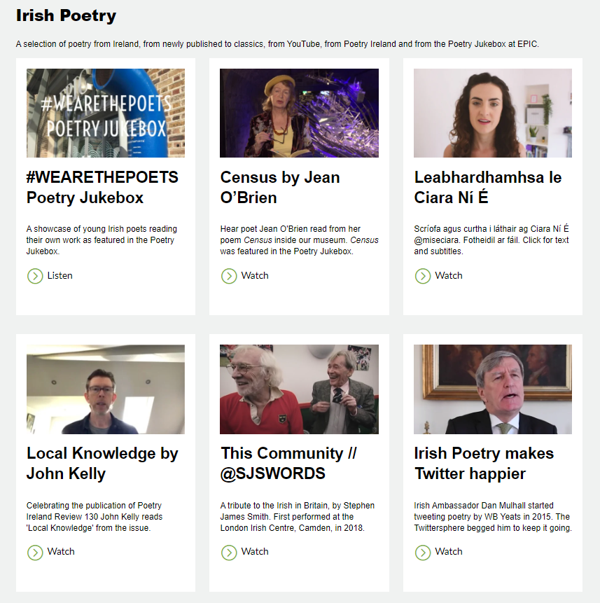 We could fill our Stay At Home Library with Irish poetry, from the  @poetryjukebox with  @LaureatenanOg, through  @johnkellytweets new poems for  @poetryireland, on to to  @SJSwords about the Irish in Britain for  @LDNIrishCentre, plus recitals from  @DanMulhall agus dán le  @MiseCiara