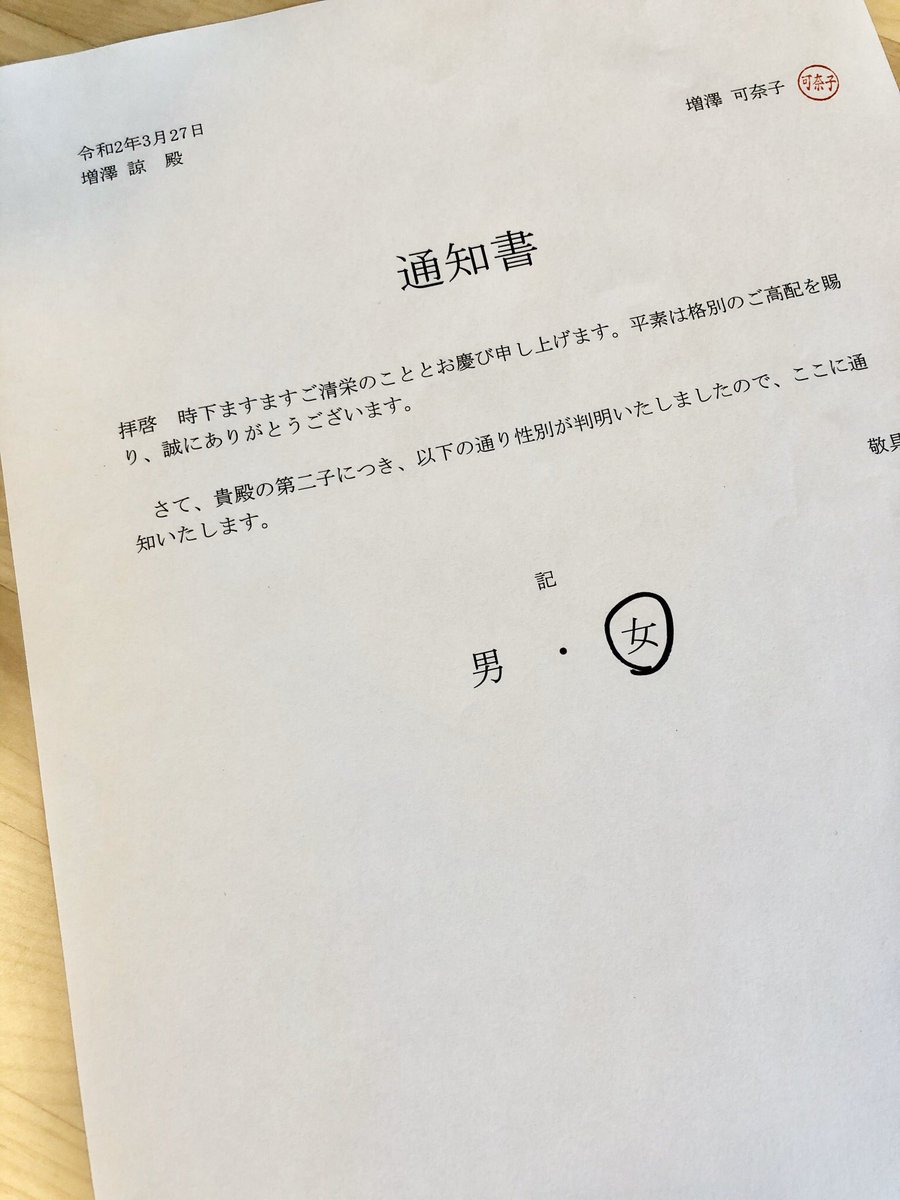 増沢 諒 Newpeace Thinktank 妻から こんな書類渡された 8月誕生予定の第二子は 女の子のようです