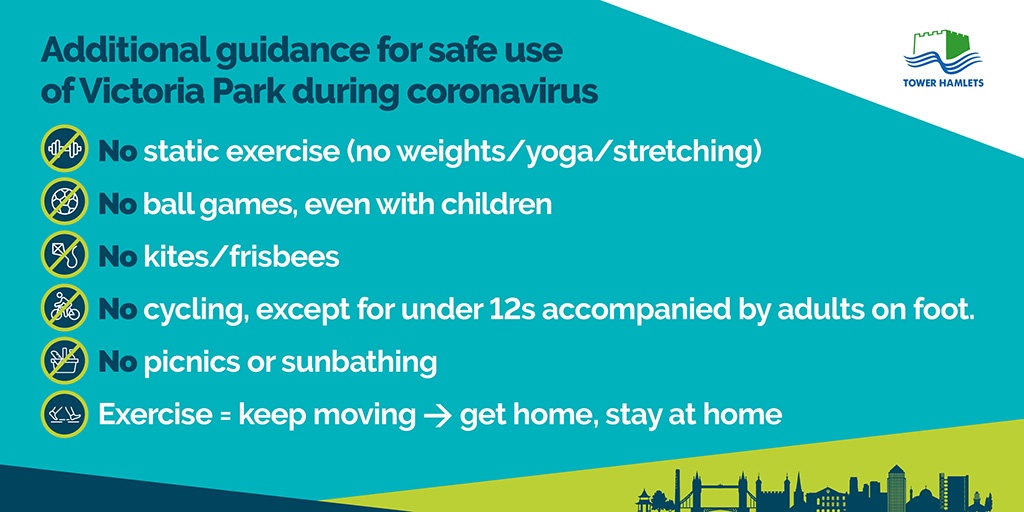 Thank you to everyone who is helping to keep each other and the NHS safe. 
If you plan to visit <a href="/VickyParkLondon/">Victoria Park</a> for your once-daily exercise, remember you must keeping moving. 
Check out our new control measures and opening hours before you visit: orlo.uk/AJqRs