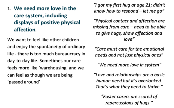 Key Message 1: We need more love in the care system, including displays of positivephysicalaffection We invite  #CareExperienced  #CEP community & friends to reflect, respond, share & creatively explore together each key message  @educationgovuk  @ChildrensComm  @IsabelleTrowler
