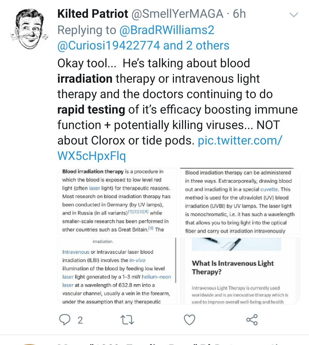 [Thread] 1/ Ahh the MAGA copy and paste crowd are trying to do damage limitation on Trump's disinfectant in lungs blunder. Look at all these near identical tweets. A hasty PR campaign, or sloppy Twitter usage? My hunch says the former...  #coronavirus  #Covid_19