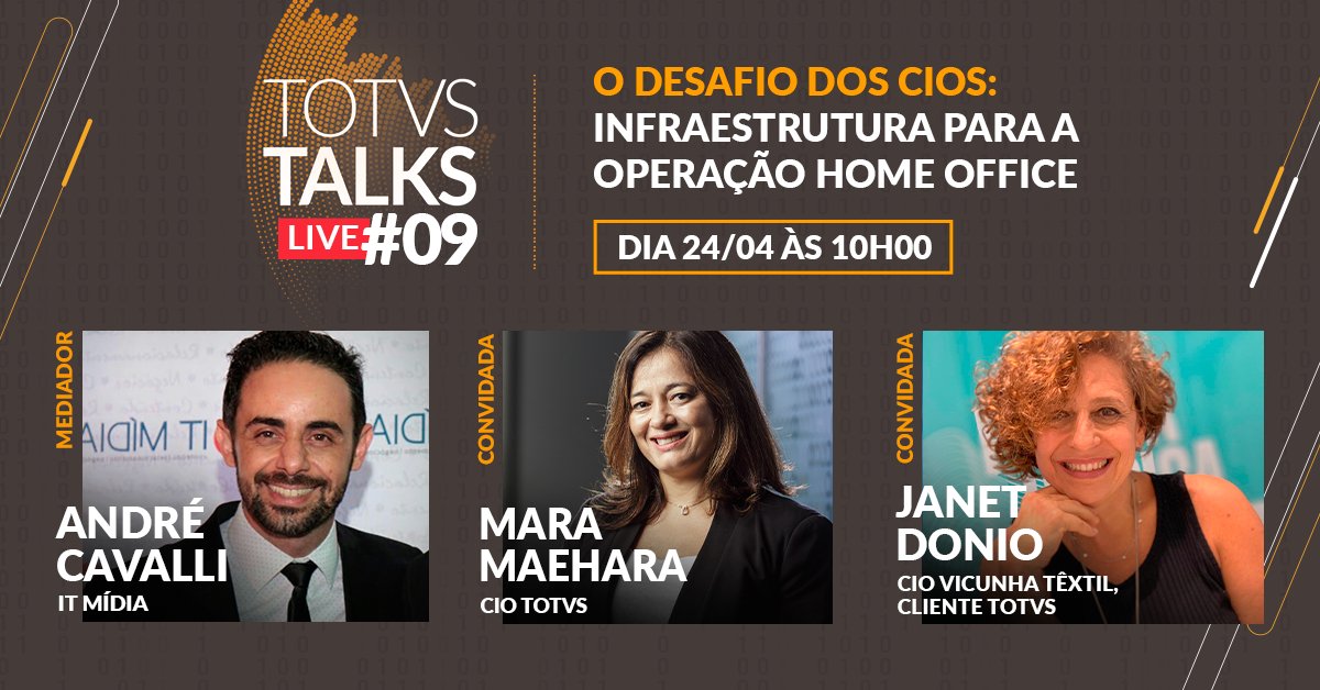 TOTVS's tweet photo. É daqui a pouco! Estaremos no ar com nossa LIVE #09 para descobrirmos como os CIOs colocaram empresas por todo país para funcionar em home home em dias com a pandemia? É lá no nosso canal no Youtube: https://t.co/sTBewxSUtv
#TOTVS #BrasilqueFAZ #TOTVSTalks #TOTVSTalksLive https://t.co/04BqOoYy7k