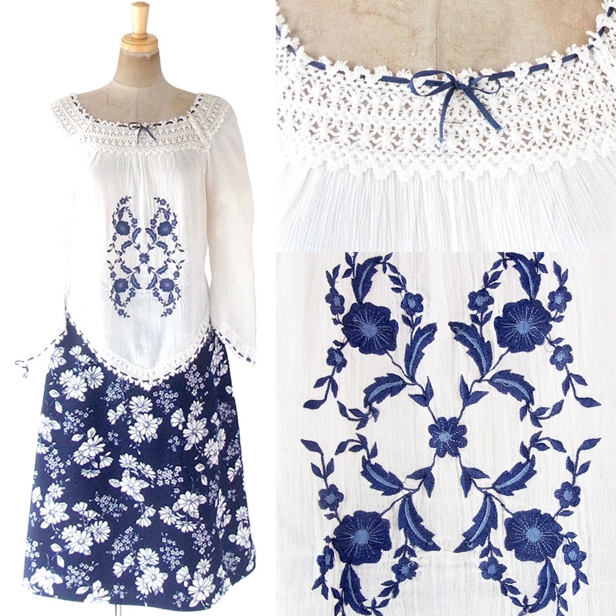 中野古着屋little Bird たった今アップしました ヨーロッパ古着 ロンドン買付け インド製 ホワイト X レース通し紐 ブルー花柄刺繍 トップス uk101 おとなかわいい T Co Wtcyutmcxk Furugi Nakano 古着 中野 レトロ ヴィンテージ