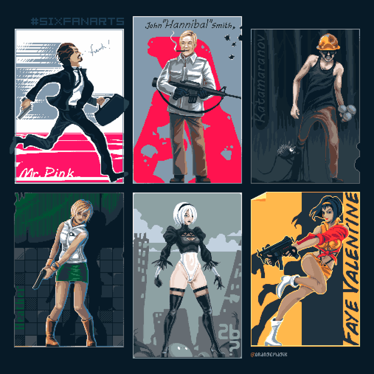 orangemagik's tweet photo. #SixFanarts All-in-one!
Usually, I struggle with anatomy. This was a hell of a challenge. I guess I've learned something.
Original quality: https://t.co/NOFVabF8Nf
#pixelart #CowboyBebop #NieRAutomata #SilentHill3 #Lapenko #TheATeam #ReservoirDogs #SixFanartsChallenge https://t.co/gMKRMl0kAv