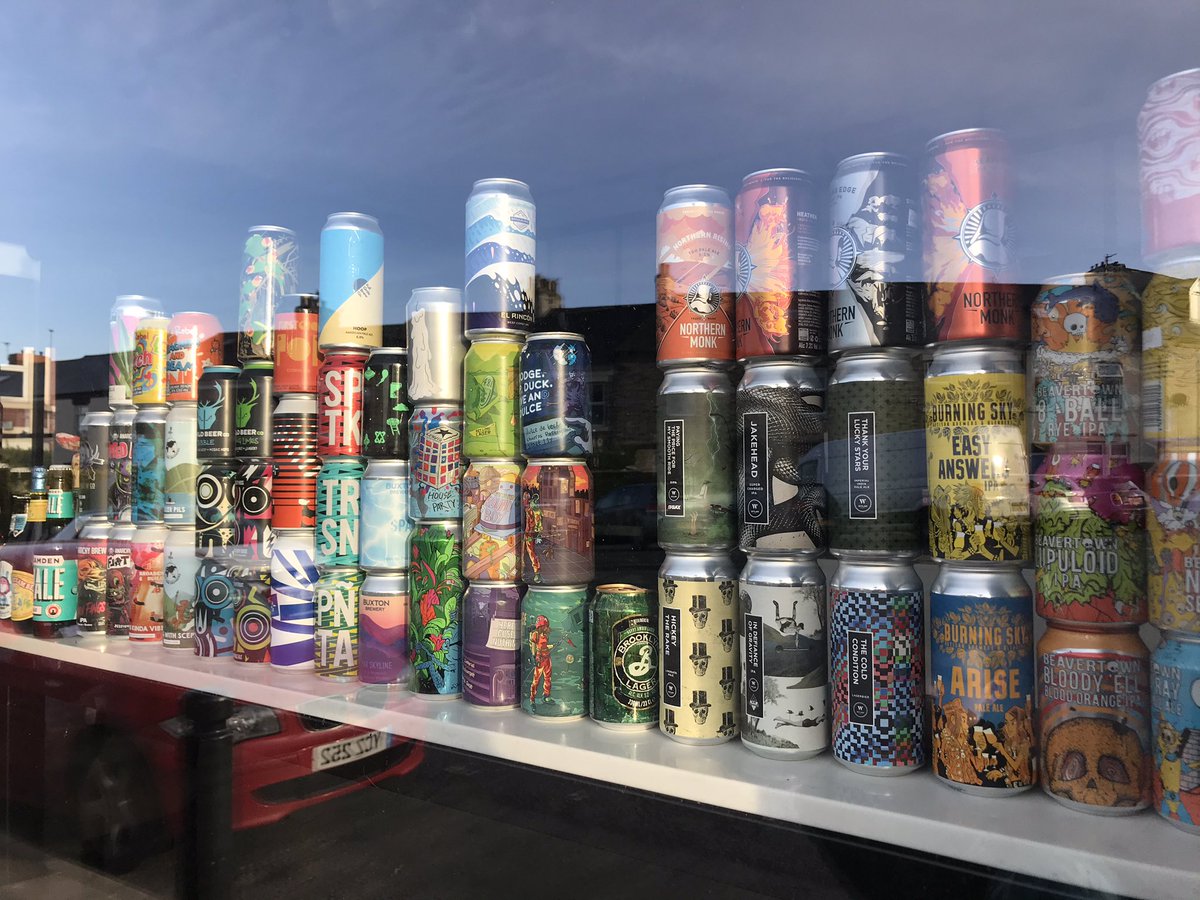 CharlieHJM's tweet photo. Lunchtime ponder of choices for the weekend beer order from #GosforthTraders: our corner bar/cafe/bottleshop now deliver locally (great for wheezy twats* like me), window can menu perused on the walk to the green yesterday #shoplocal *not an official Asthma UK classification https://t.co/nJK2s6fQ3f