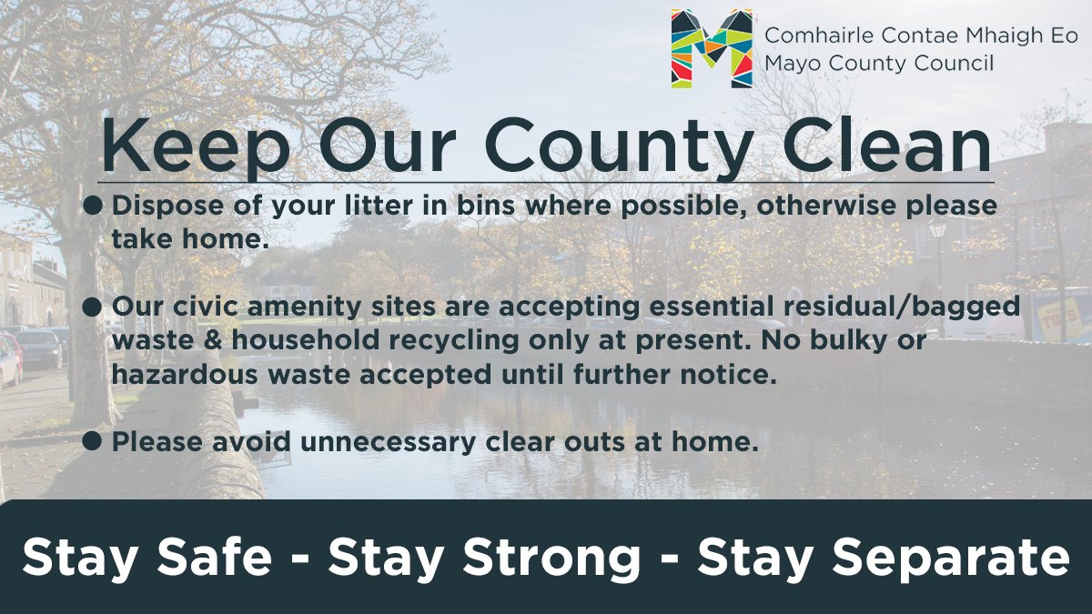 MayoCoCo's tweet photo. If out for a necessary shop or exercising (within your 2KM radius), we ask you to please dispose your litter/face-masks/protective gloves correctly. Use litter bins where possible otherwise please take home
We each can play a part in keeping our county clean
#KeepOurCountyClean https://t.co/WzWDleLxYe