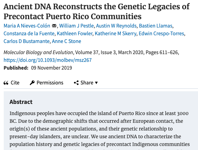 Did some of this mtDNA ancestry come from native island ppls who survived colonization? To find out my colleagues and I used aDNA  to investigate the origins, diversity and genetic legacies of Puerto Rico's ancient communities 8/  #DecolonizeDNA  #DNADay  https://bit.ly/2yBoQkO 