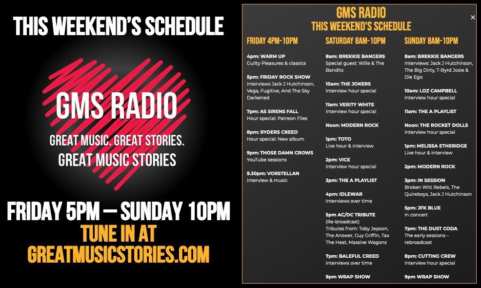 This weekend’s radio schedule. Band features @assirensfall @RydersCreed @IDLEWAR @VeeBear @WATBandits @rock_loz @Brokenwittrebel @thejokersrock @balefulcreed @Jfk4Blues @JackJHutchinson @The_CuttingCrew @Vice_Band @thejokersrock @TheRocketDolls & more ❤️