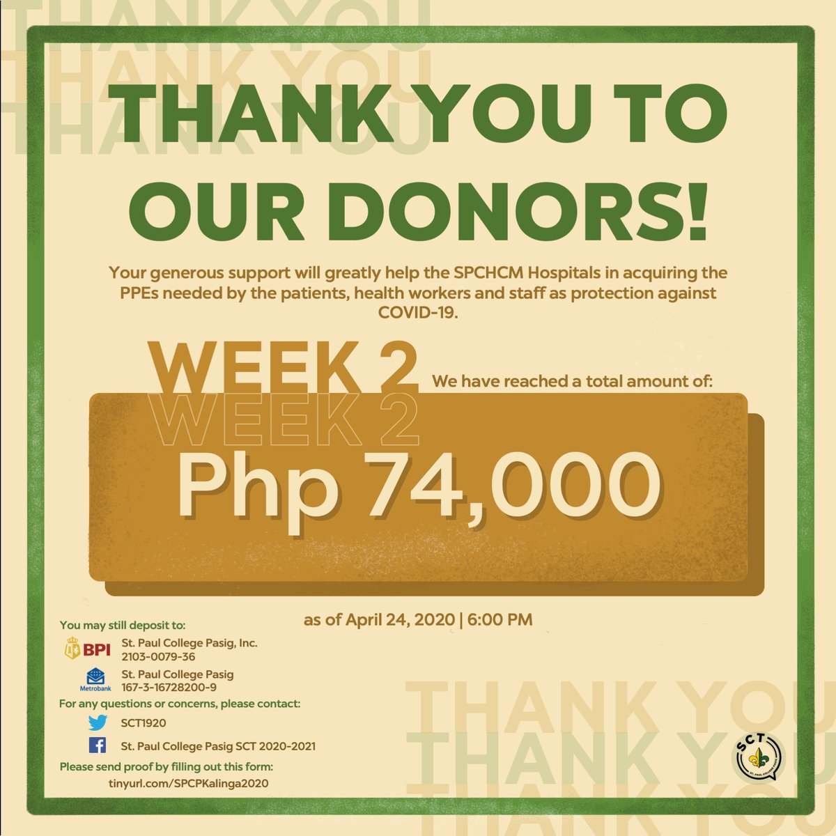 BATCH2024's tweet photo. As of April 24, Php 74,000 has been raised for the SPCHCM Hospitals.

Let’s use this as an inspiration to further help our community amidst this crisis. Remember that one thing we can do is to let people know that they are not alone. ❤

#COVID19FlattenTheCurve #TogetherAsOne https://t.co/H7RSSHhSNh