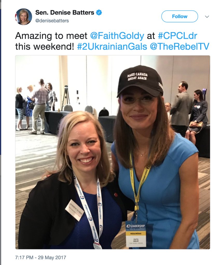 9 -  @stephenharper appointed senator  @denisebatters tweeted on how happy she was to have her picture taken with white nationalist Faith Goldy.