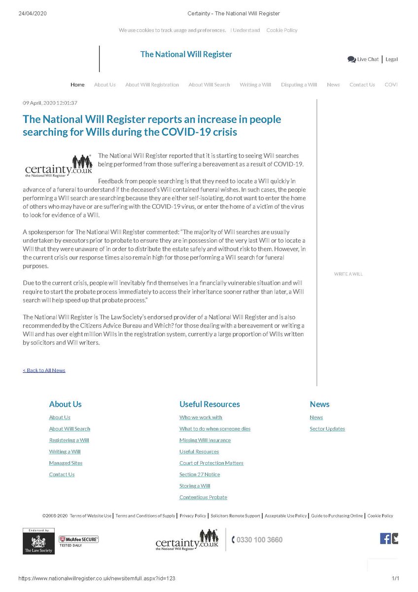 DiligentLaw's tweet photo. The National Will Register reports an increase in the number of Will search requests from those suffering a bereavement as a result of COVID-19.
#probate #COVID19 #coronavirus https://t.co/G2mdglTHBx
