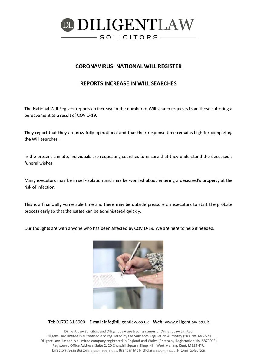 DiligentLaw's tweet photo. The National Will Register reports an increase in the number of Will search requests from those suffering a bereavement as a result of COVID-19.
#probate #COVID19 #coronavirus https://t.co/G2mdglTHBx