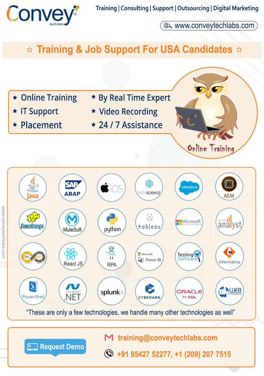 Conveytechlabs's tweet image. Training &amp;amp; Job Support For USA Candidates

#ConveyTechLabs is going to start #OnlineTraining on all latest and niche technologies...
Interested candidates kindly Mail US: training@conveytechlabs.com, lead@conveytechlabs.com or Contact US: +91 9542752277 , +1 (209) 207 7515