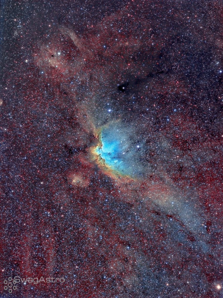 Taken from my garden in Spain - This is NGC7380 the Wizard nebula in narrowband. This is a total of 60 hours of exposure in the dual Takahashi rig.  You can read about the latest updates to my rig swagastro.com/equipment.html and see the higher res image at swagastro.com/uploads/2/3/3/…