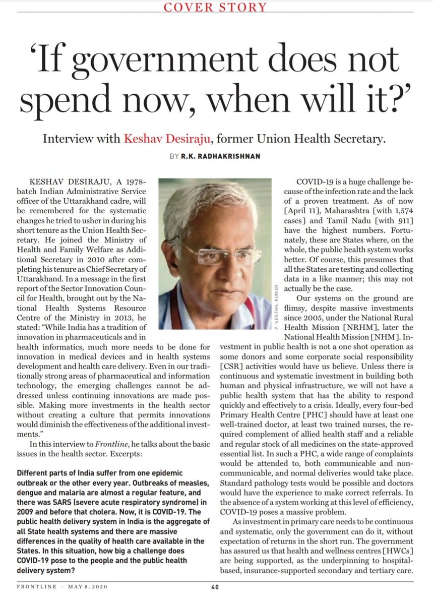 Mundra08's tweet photo. Interview of IAS (1978) @DesirajuKeshav ,Former GOI Health Secretary on lessons GOI needs to learn from #COVID2019india :
"Central &amp; state govt.'s should ⬆️ significant investment in #publichealth infra (med coll's) &amp; HR (Training of Nurses, ASHA's, ANM's &amp; Anganwadi workers)". https://t.co/kJcgZwW4M3