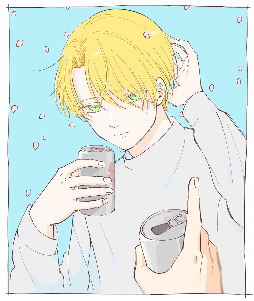 blonde hair 1boy green eyes male focus can holding holding can  illustration images