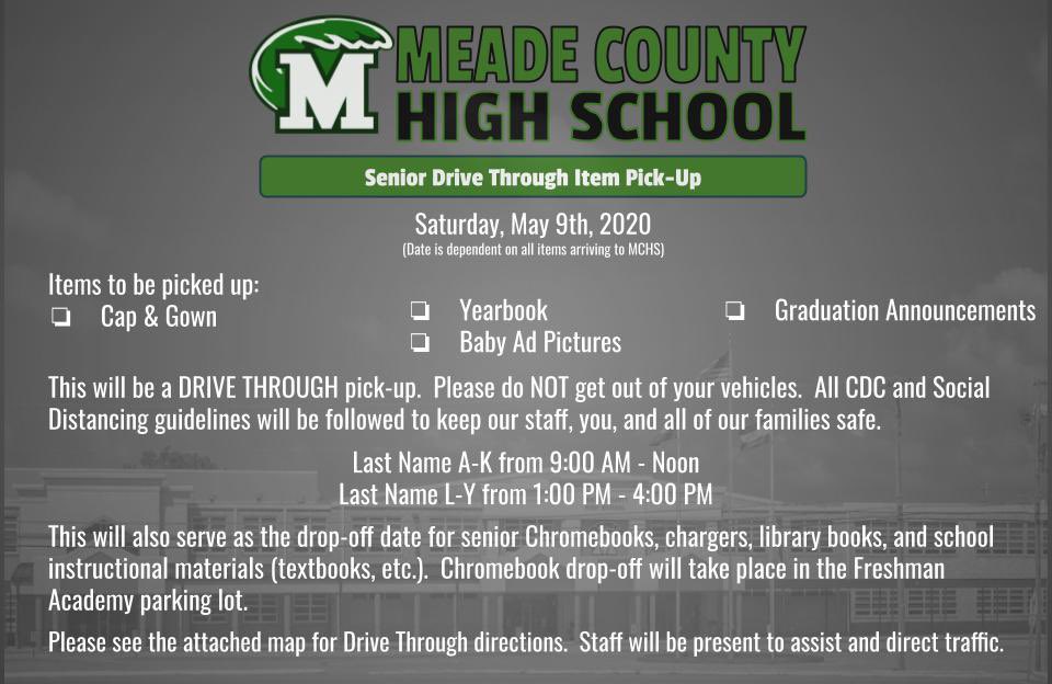 MEADECOUNTYHIGH's tweet photo. Please see the information in the graphics about our Senior Item Pick-Up for Cap &amp; Gowns, Yearbooks, and other items.  This will also serve as Chromebook Drop-Off day for seniors.  AP students should keep their Chromebook until after AP testing.

#WeAreMeade https://t.co/3W06C0jfE3