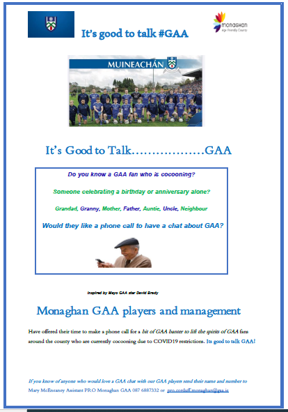 MonaghanCoCo's tweet photo. Know someone who is isolated and would like chat about GAA with @monaghangaa players?
#itsgoodtotalkGAA @PEACELinkSports #YourCouncil @MonaghanHealthy https://t.co/LdNDvgCCz0
