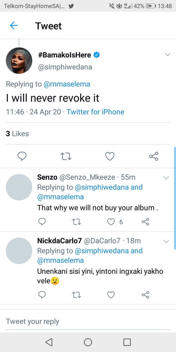 D_M_X_100's tweet photo. So this is the same woman who wants us to support her album? Midlife crisis is dealing nalo gogo straight.
Infact we must Fakaza this album to teach you a lesson wena. We will not support that shit when you have such a shitty attitude
#SimphiwedanaMustFall https://t.co/hj51k3zaaI