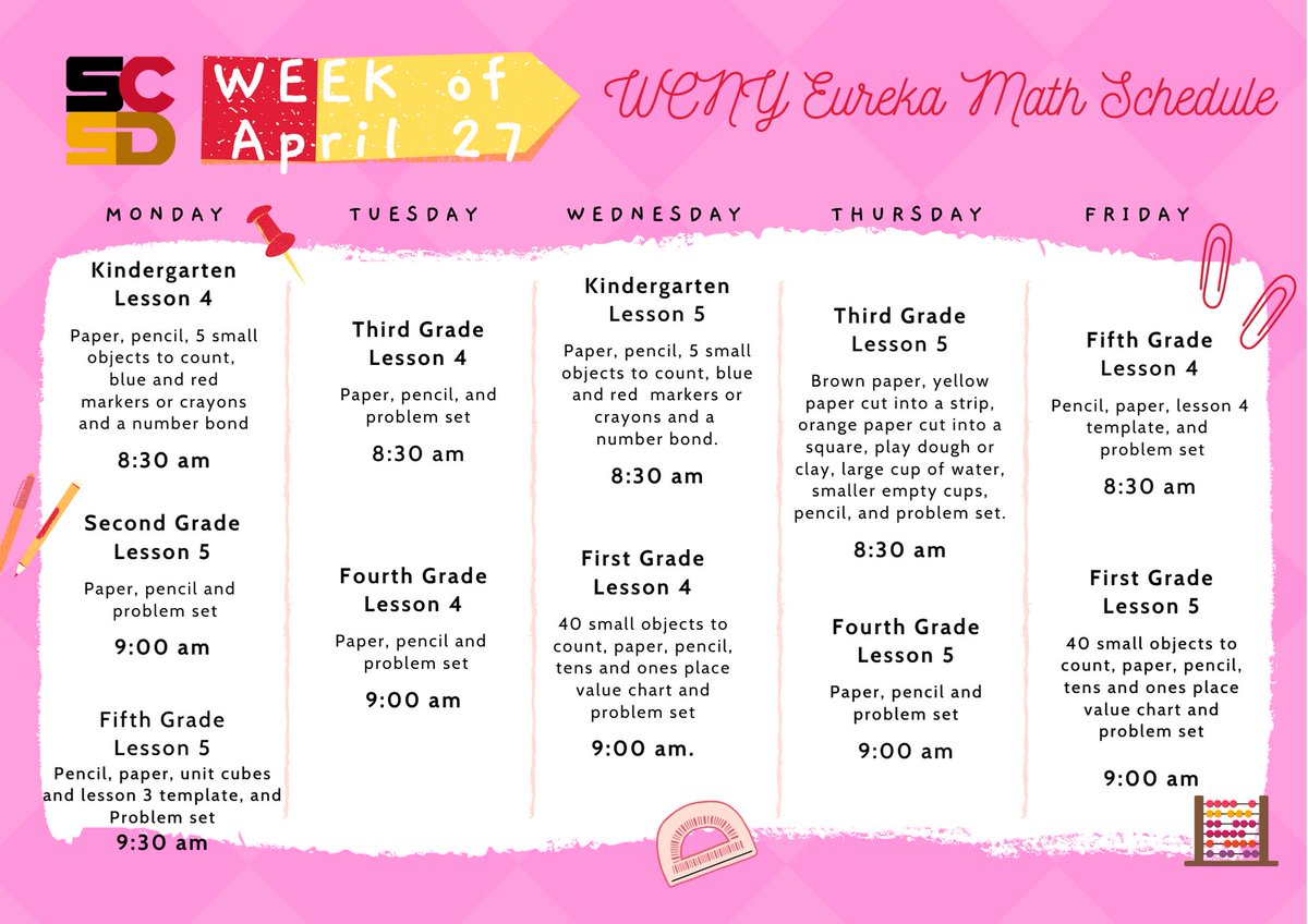 mosiermath's tweet photo. 𝐀𝐩𝐫𝐢𝐥 𝟐𝟕 - 𝐌𝐚𝐲 𝟏

Eureka Math Lessons Schedule
Find us on:Spectrum 1276, Antenna 24.3; FiOS 467. @SCSDMath @SyracuseSchools https://t.co/eywgdGoJar