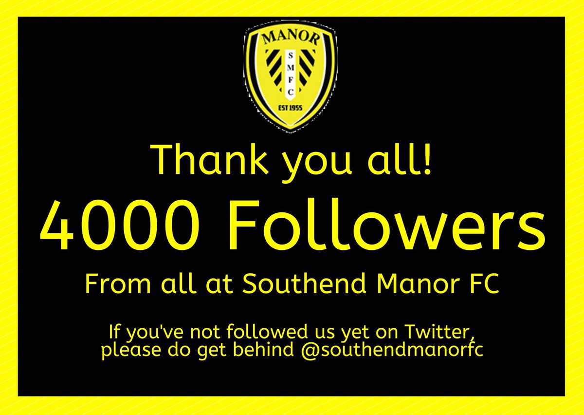 SouthendManorFC's tweet photo. 4000 Followers!!!
Thank you all for your support as we’ve now reached this fantastic landmark.
Can we reach 5000 followers before the end of 2020? Who knows but we’re sure up for the challenge. https://t.co/AM6mIlDHic