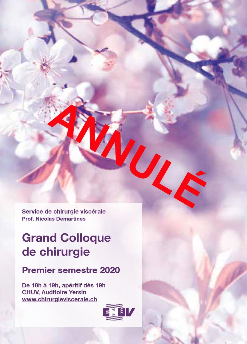 VisceralChuv's tweet photo. The @VisceralChuv regrets to announce that, due to the measures taken by the @CHUVLausanne concerning the coronavirus (COVID-19), all the #GrandColloqueCHV of the first semester are canceled. Thank you for your understanding. https://t.co/YsOD3jfJaw