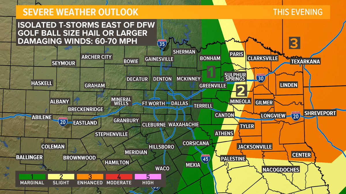 wfaaweather's tweet photo. Heads up NE Texas! As the front moves through later this evening there could an few storms ahead of it.  The storms have the potential to produce golf ball size hail or larger and strong winds.  Timeline --> between 4 pm and 9 pm.  #wfaaweather https://t.co/d1kwulZdey