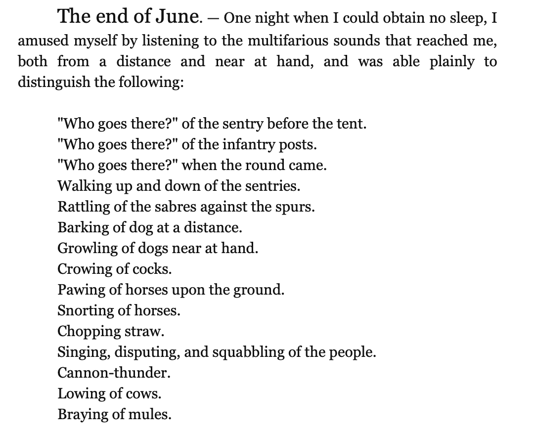 I love this incidental list of night noises from Goethe, who wrote it in the middle of the 1793 Siege of Mainz when unable to sleep.