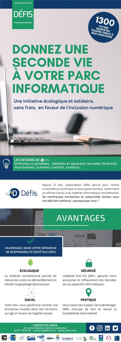 AssoDefis's tweet image. [Actu Asso] Entreprises, collectivités, nous avons besoin de vous ! 

Aider @AssoDefis à équiper les familles modestes en ordinateurs et agissez en faveur de l'inclusion numérique pour tous! 💻

#RSE #donsmatériels #desordispourtous