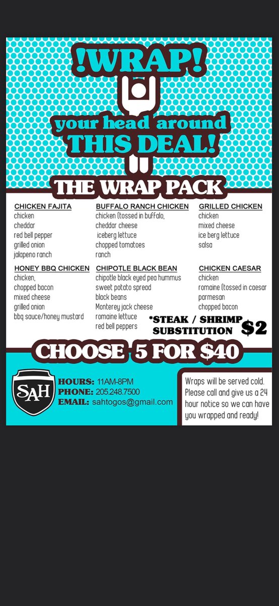 SouthrnAleHouse's tweet photo. Check out The Wrap Pack! So many delicious options...we have a vegetarian option as well!

Call us! 205 248 7500.

Choose 5 for $40. All orders need 24 hours in advance to prepare. Thanks for your patience. 

#wrappack
#holthospitality https://t.co/OFRHVyvjG5