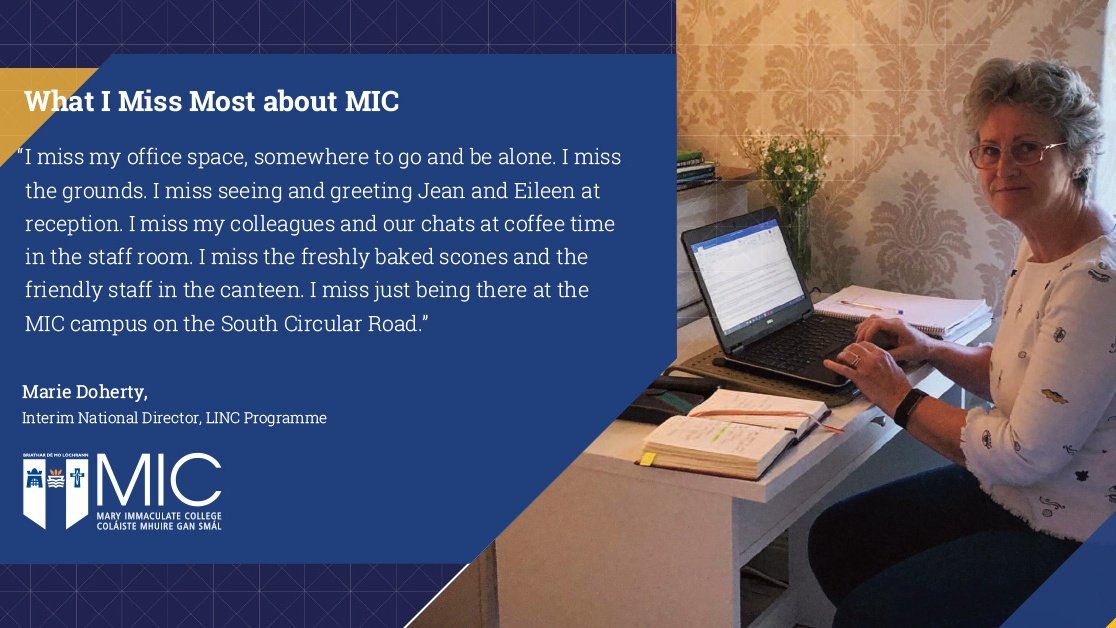 MICThurles's tweet photo. With six weeks now having passed since #MIC closed its doors, we've been asking the staff what they're missing most about the College.
Today, Marie Doherty, interim national director of the @LINC_programme, shares what she's missing most about MIC.
#MissingMIC #WorkingFromHome https://t.co/m0RWvEqtCS