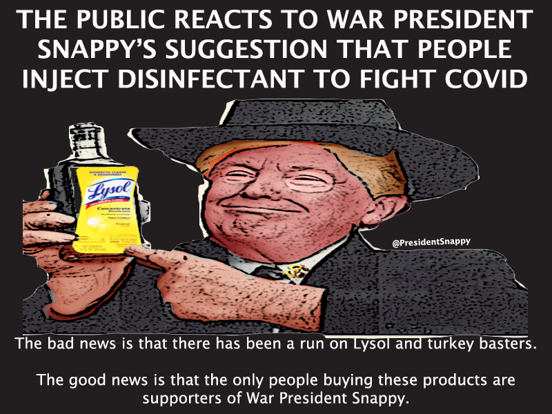 PresidentSnappy's tweet photo. #lysol #disinfecttrump https://t.co/hVGDLFIH0a