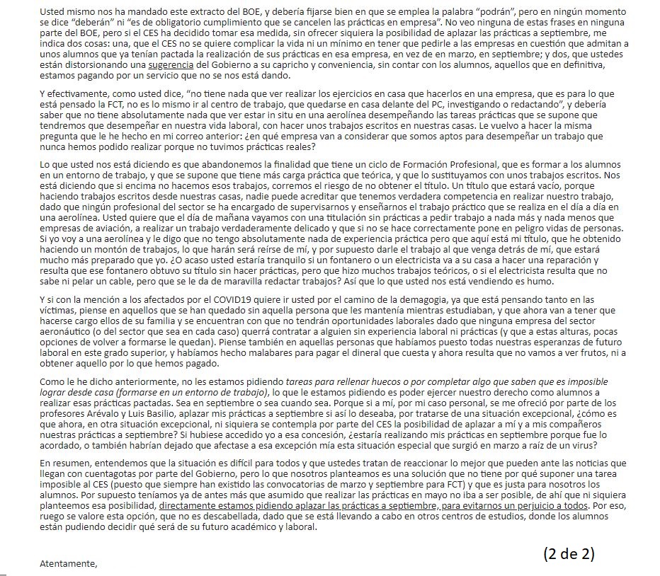 Alexia_Sanchez1's tweet photo. @educaciongob @boegob En mi centro, el CES Juan Pablo II se lavan las manos, han distorsionado la información que llega del Gobierno y directamente, sin darnos opción, nos cancelan las prácticas. Este es el correo al que ni siquiera se han dignado a contestarme: https://t.co/zLE9N4eGCK
